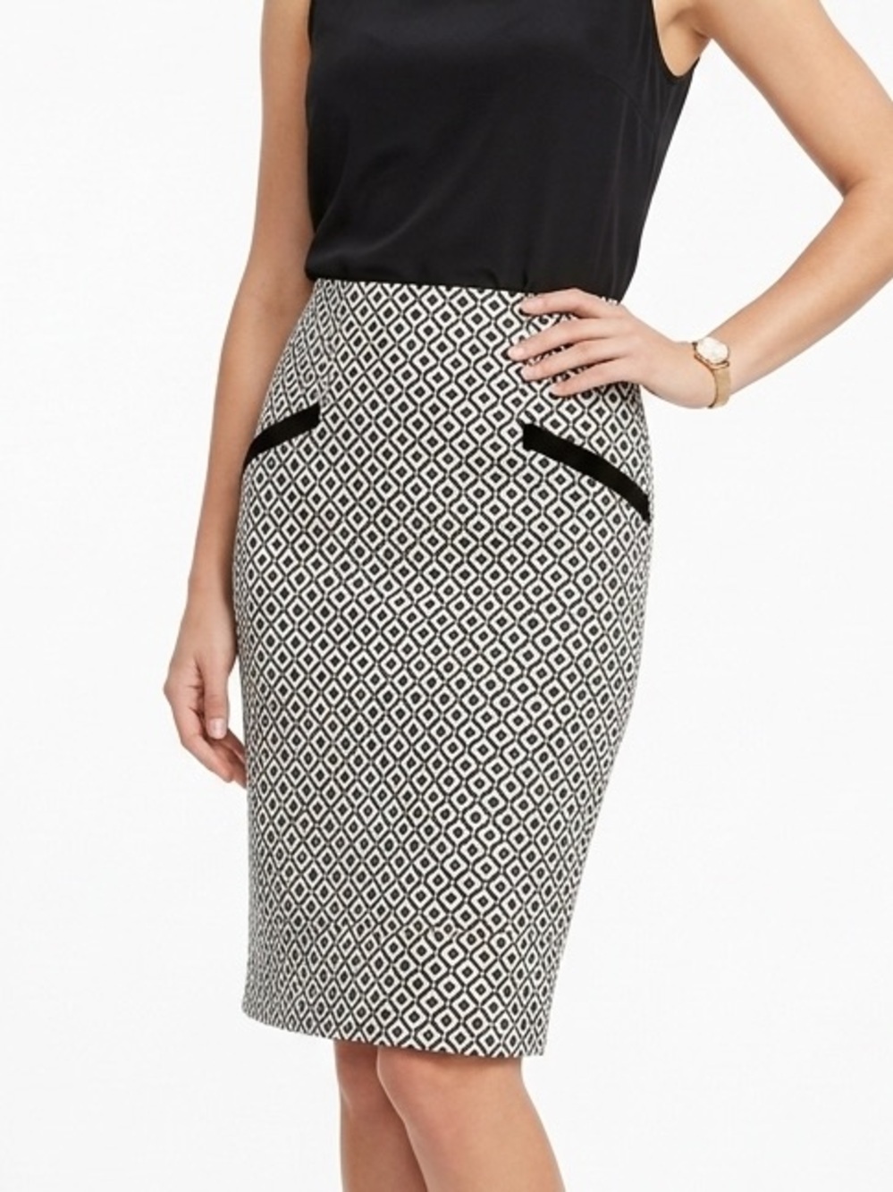 Mosaic & Co Pencil Skirt Black White Geometric Diamond Stretch Office Size Small